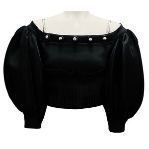 David Koma Black Cady and Neoprene Puff Sleeve Pleats and Metal Balls Detail Cr